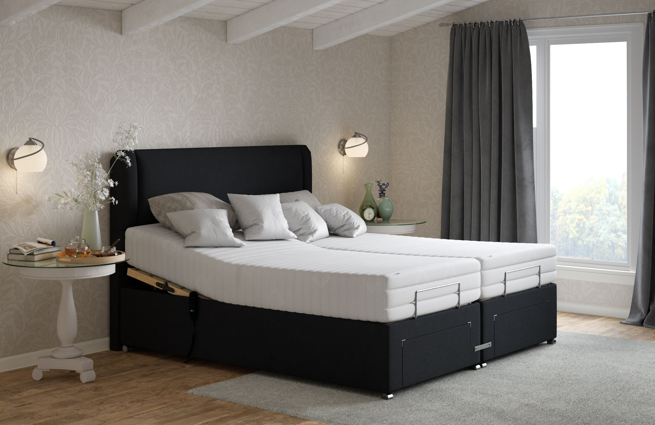 Cama tapizada ajustable en dormitorio neutral
